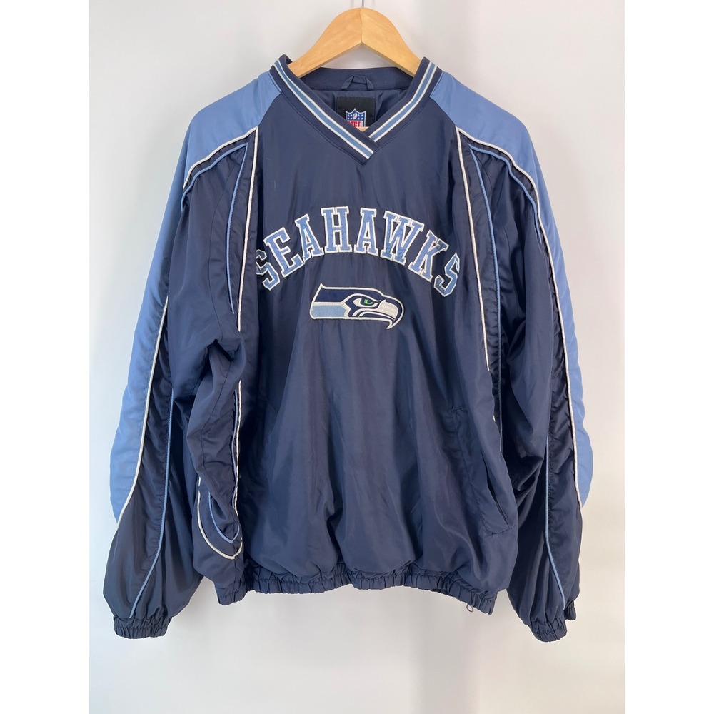 NFL Seattle Seahawks Windbreaker Pullover V-Neck Jacket Navy Blue Mens L Retro
